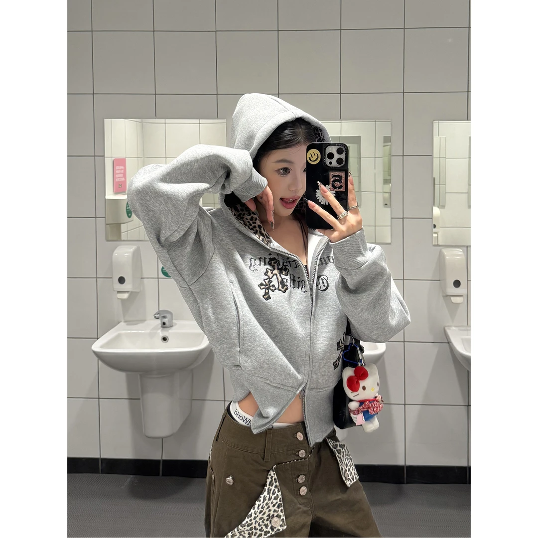 KOIISLE 美式复古豹纹拼接连帽开衫卫衣外套女秋重磅短款帽衫上衣