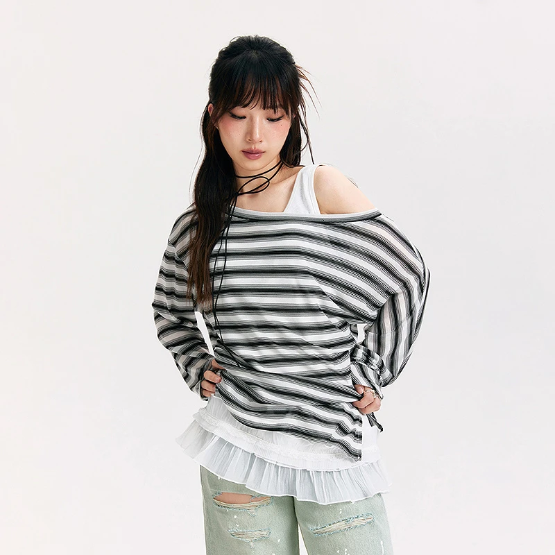 NO ONE ELSE美式复古女装秋季条纹拼接褶皱开衩斜领露肩长袖T恤