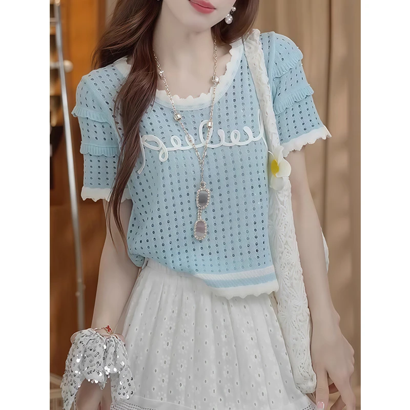 字母镂空冰丝短袖针织衫女2025夏新款针织衫宽松显瘦短款休闲上衣