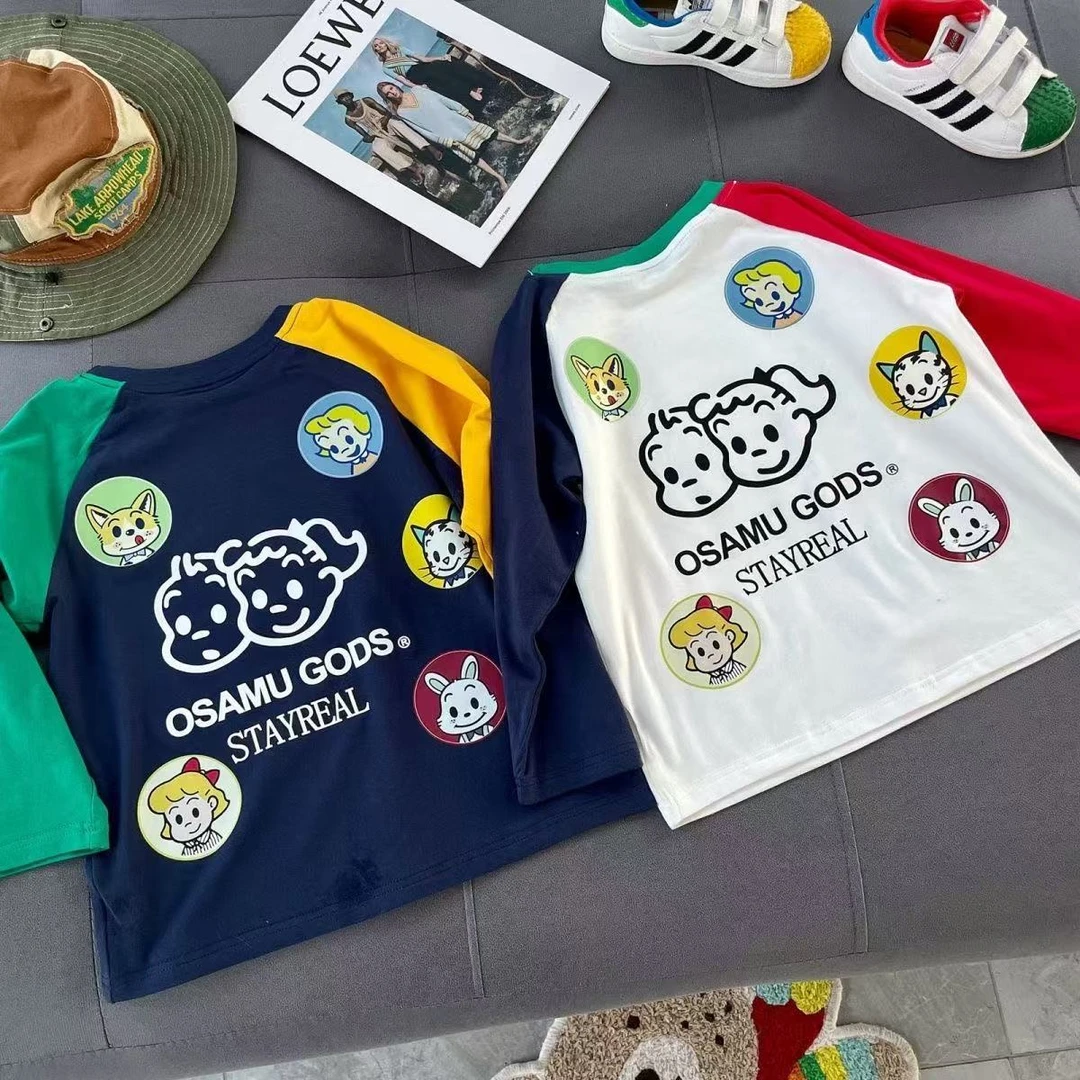 男童长袖T恤宝宝纯棉儿童打底衫春秋2025新款印花拼接撞色卡通潮