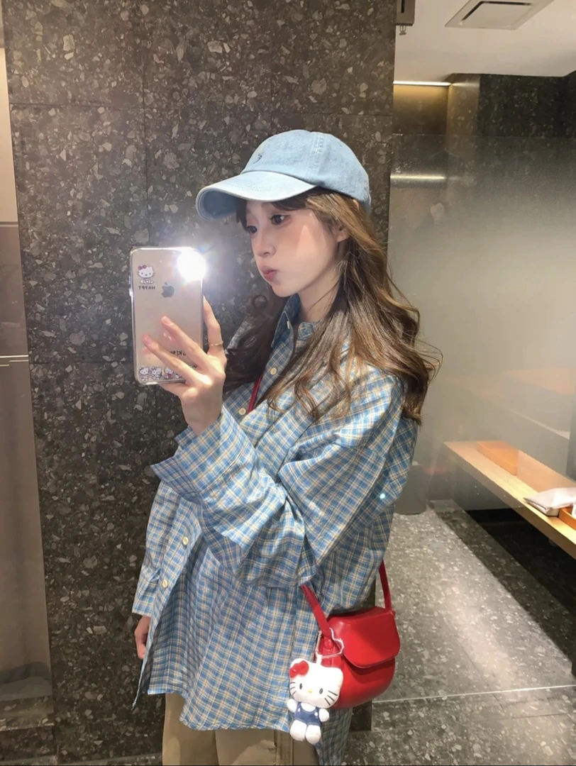 章若楠同款自制上衣设计新款衬衣蓝色格子宽松防晒衬衫长袖外套女