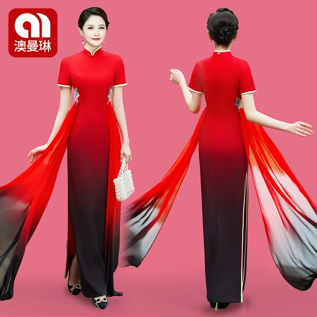 改良走秀旗袍高端形体导师国风奥黛2025春夏新款复古新中式连衣裙