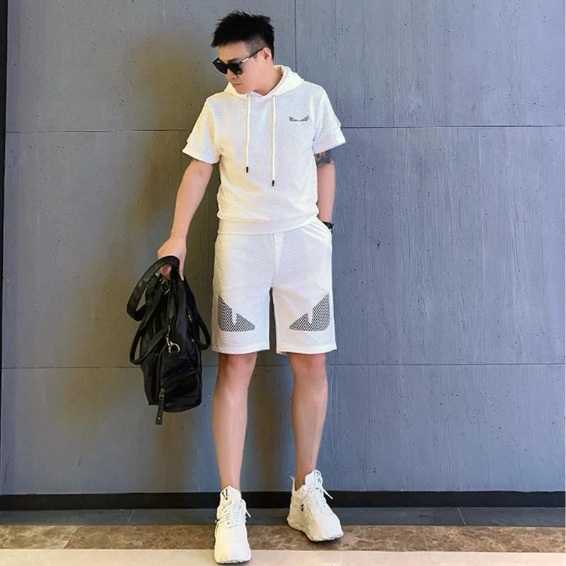 夏季潮牌休闲运动套装男薄款网眼时尚百搭连帽短袖T恤短裤两件套