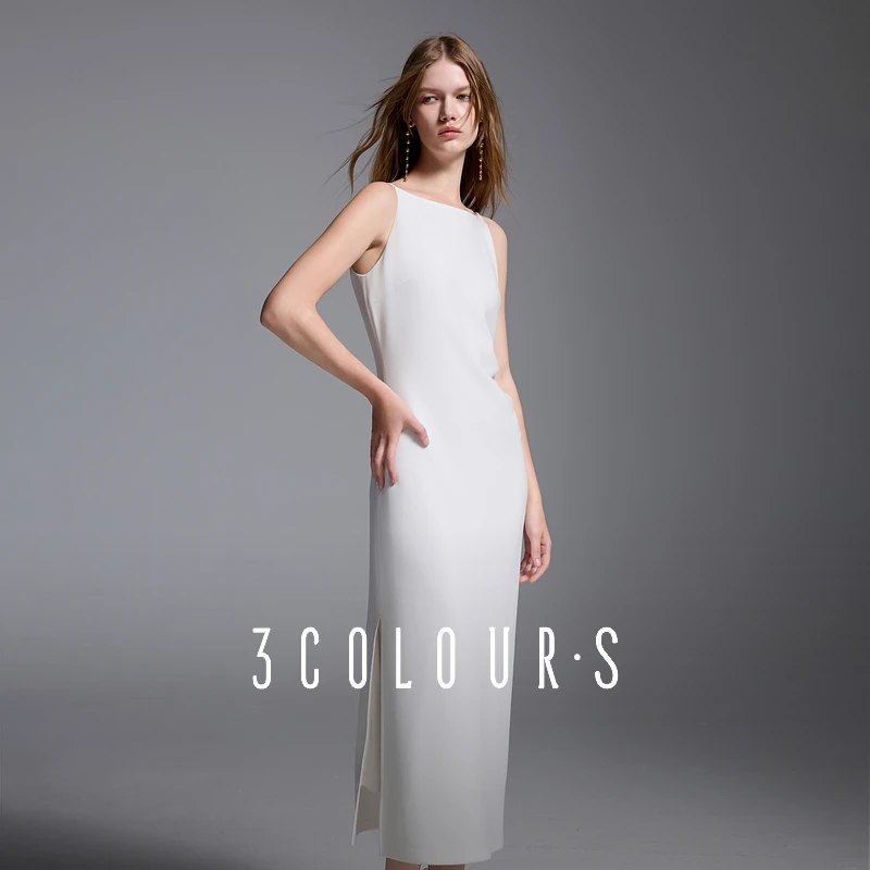 三彩2025夏季新款一字领连衣裙修身直筒裙优雅淡人长裙轻礼服女S