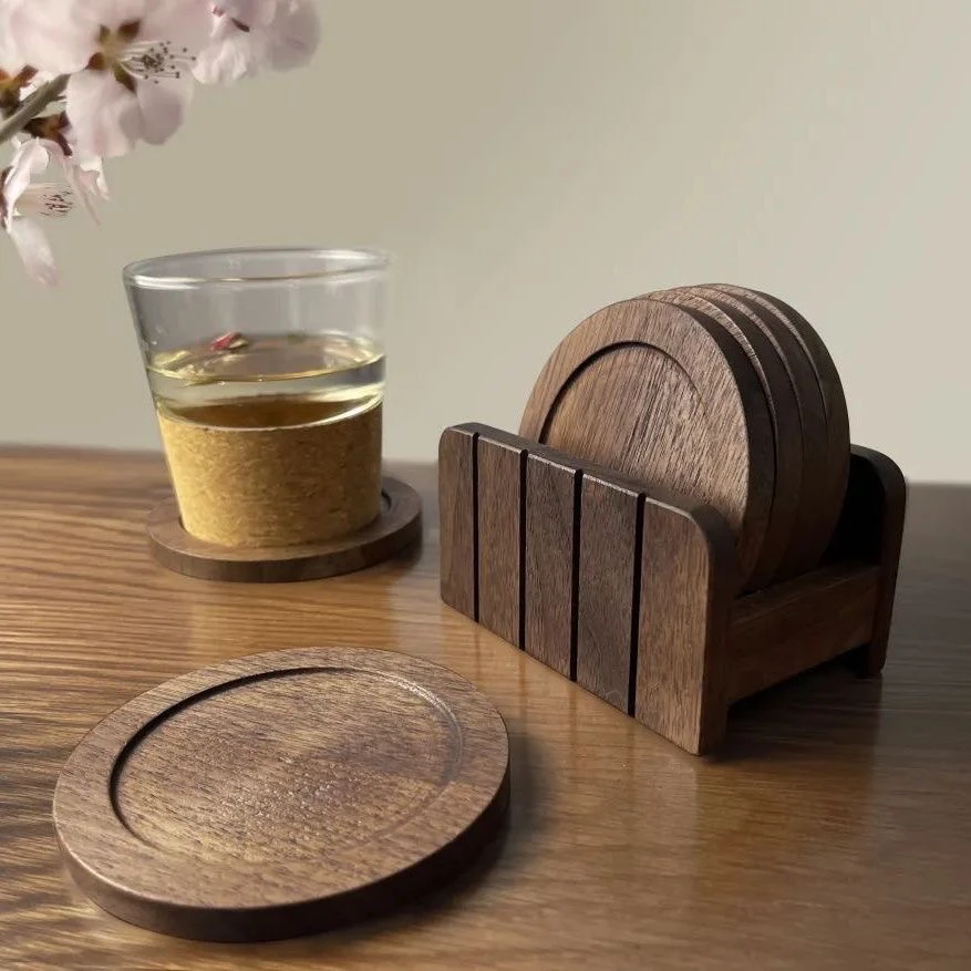 顺丰包邮黑胡桃茶道茶杯木质套装收纳功夫茶具圆形咖啡杯茶托隔热