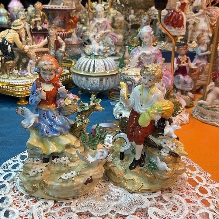 陶瓷田园风青梅竹马一对儿两个瓷偶 老货库存