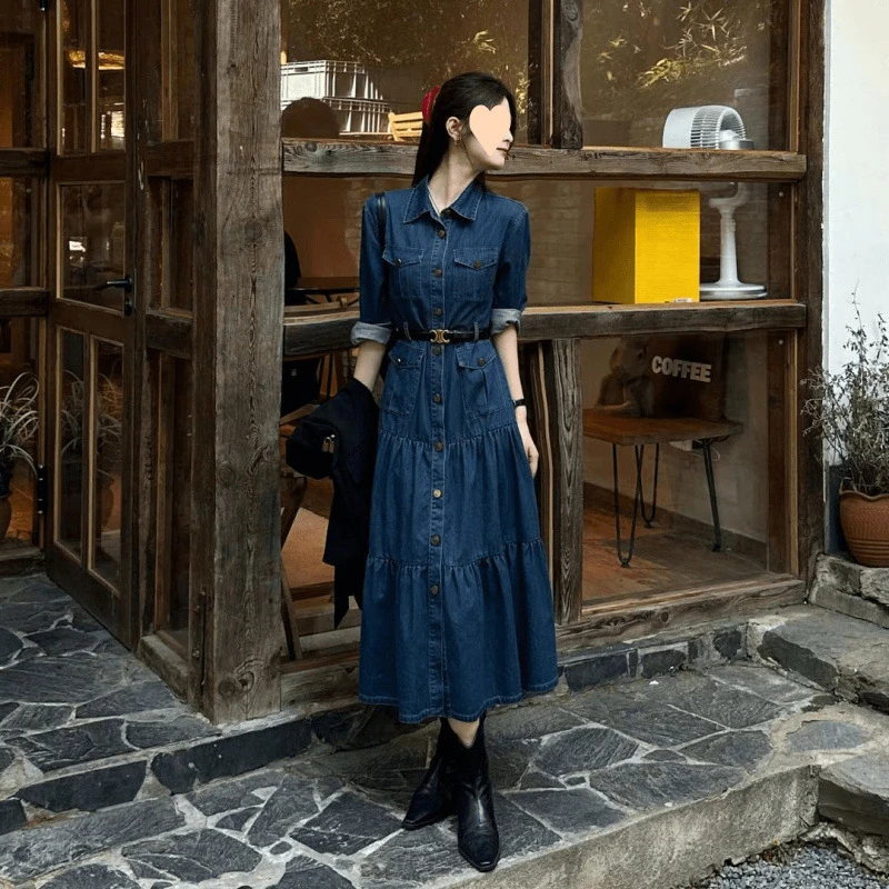 复古气质牛仔衬衫连衣裙女收腰显瘦大摆长裙早秋新款轻奢高级现货