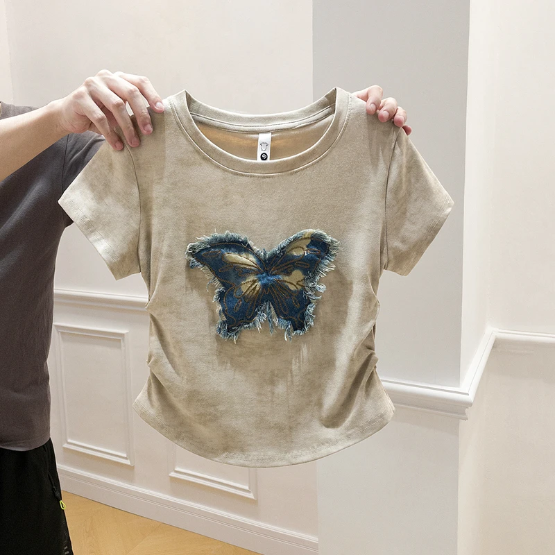 yoewshean/羽媗2025夏季女装显瘦修身上衣短袖t恤爆款蝴蝶设计