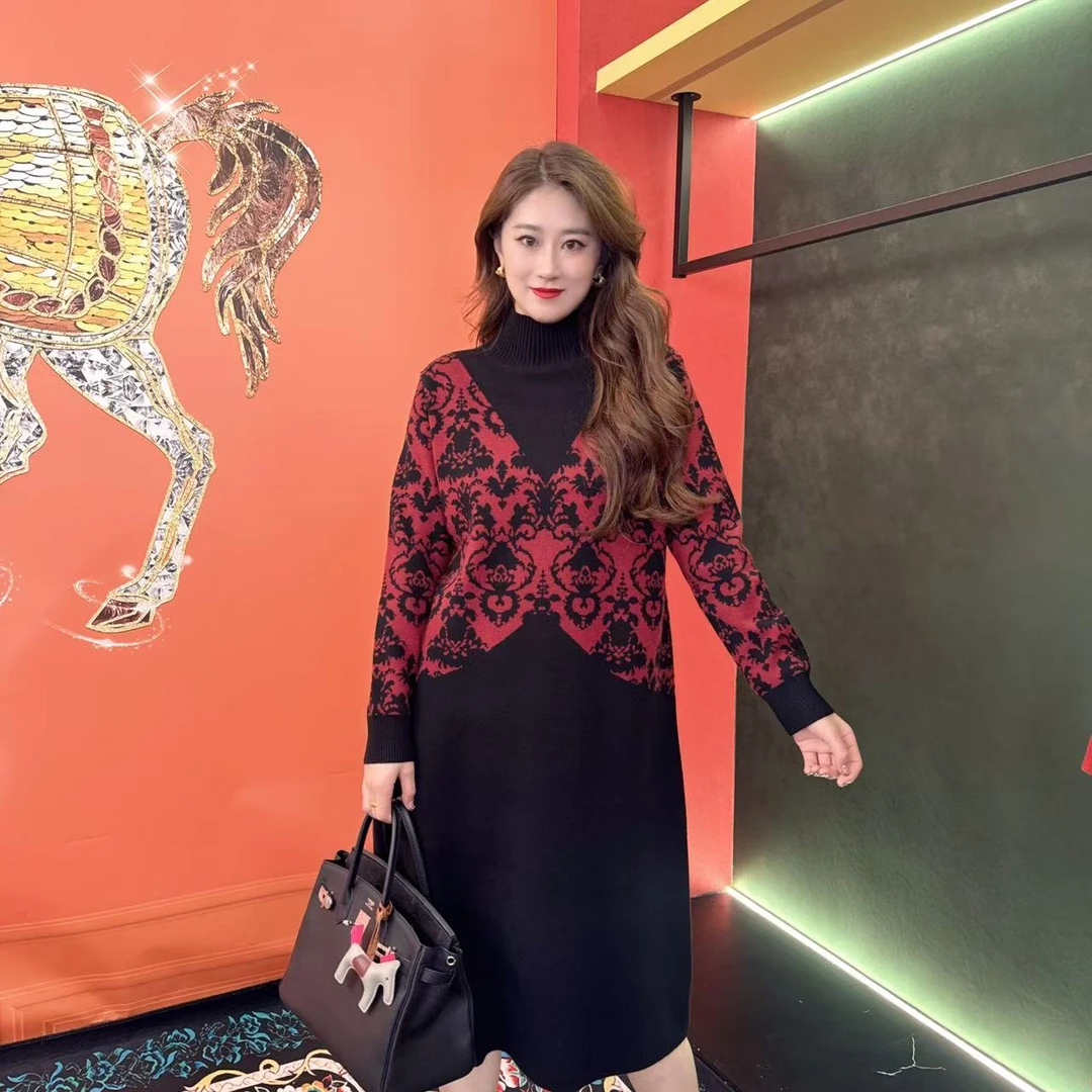 563 多金大码气质减龄长款A字裙子女装设计感连衣裙女