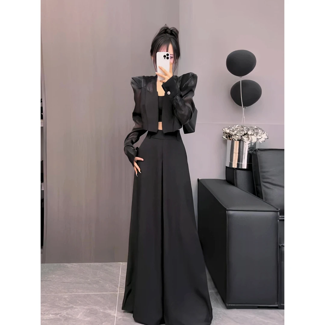 2025秋季新款气质小香风垫肩网纱薄上衣拼接短款防晒衣西装外套女