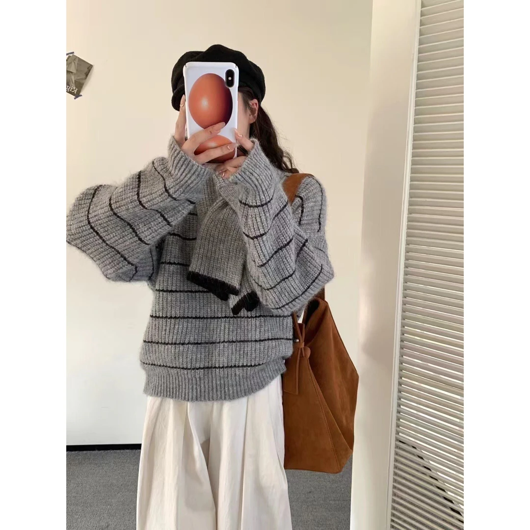 美貌色系！太好看了！针织衫女宽松休闲V领毛衣条纹慵懒风长袖上衣