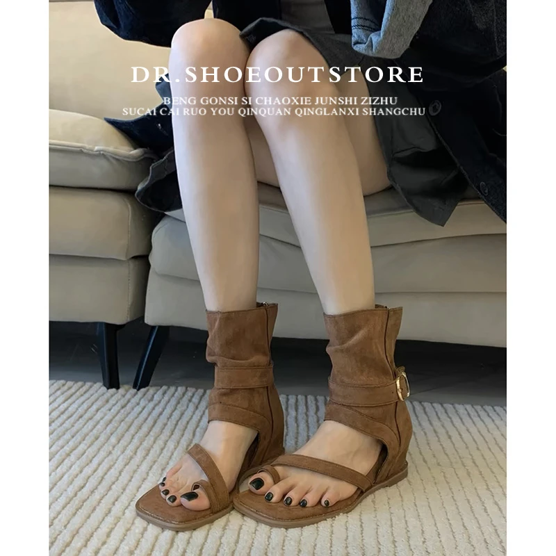 【DR官方正品】复古罗马套趾凉靴女2025秋皮带扣内增高后拉链短靴