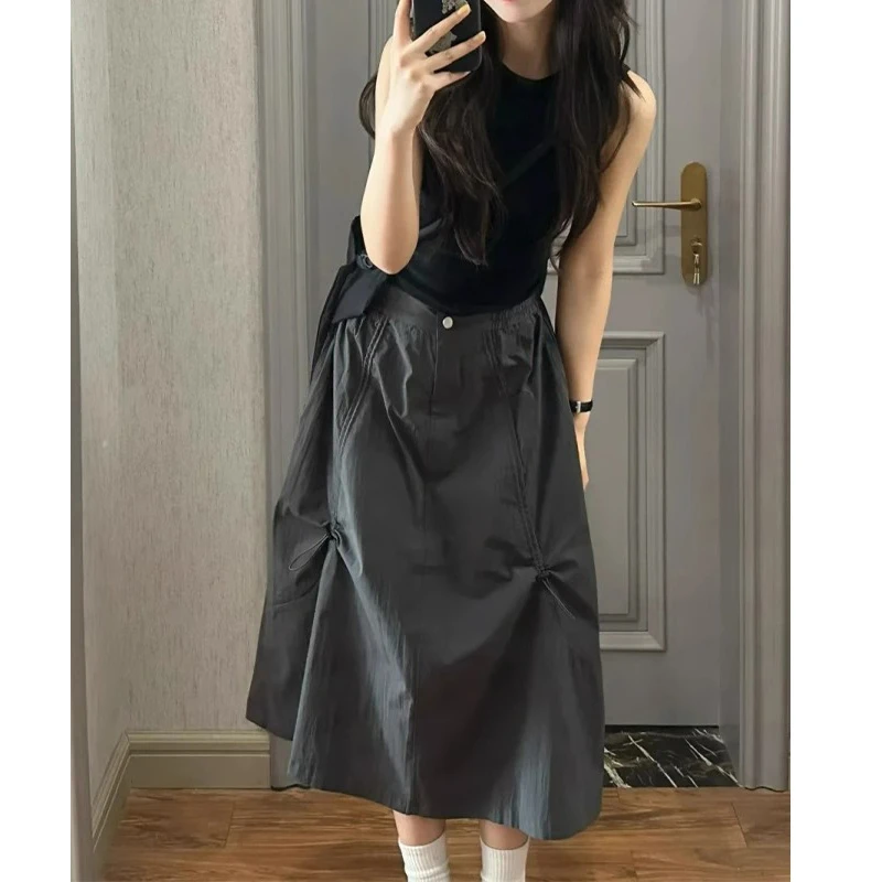 美式抽绳工装裙女夏季新款梨形身材高腰遮胯显瘦休闲A字半身裙子