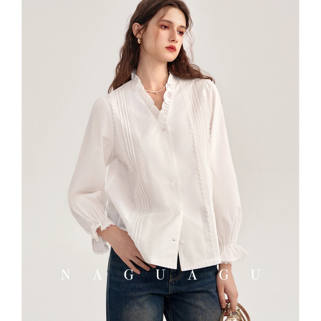 【伊蒂丝衬衫】100.%亲肤棉 荷叶V领经典白衬衫花边塔克褶上衣女