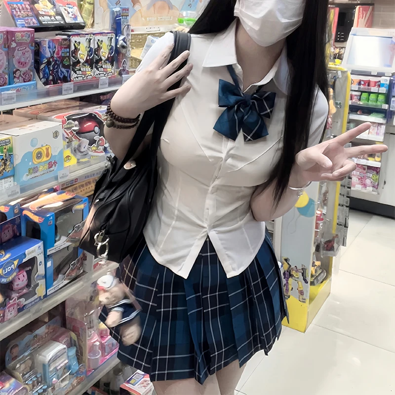亦声jk套装（衬衫+百褶裙+同色领结）学院风jk制服夏季格子裙BLFE