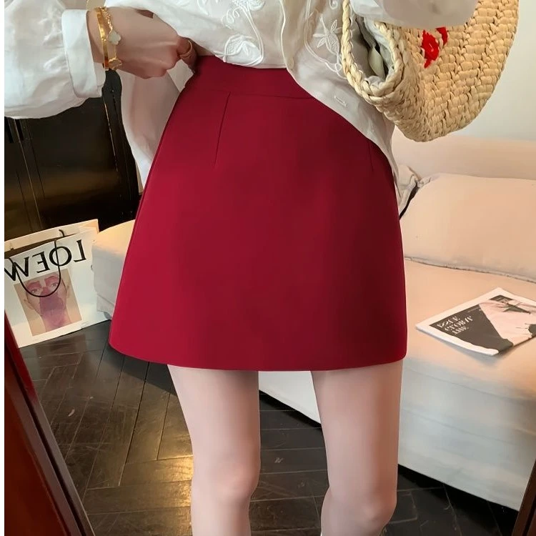 红色半身裙女夏季款高腰防走光显瘦包臀a字裙百搭气质西装短裙子