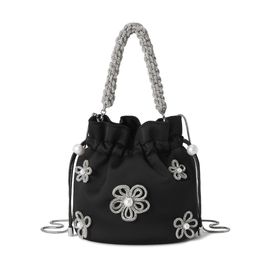 复古国风丝绸缎面束口花朵抽绳水桶晚宴百搭手拿斜跨小包包女款