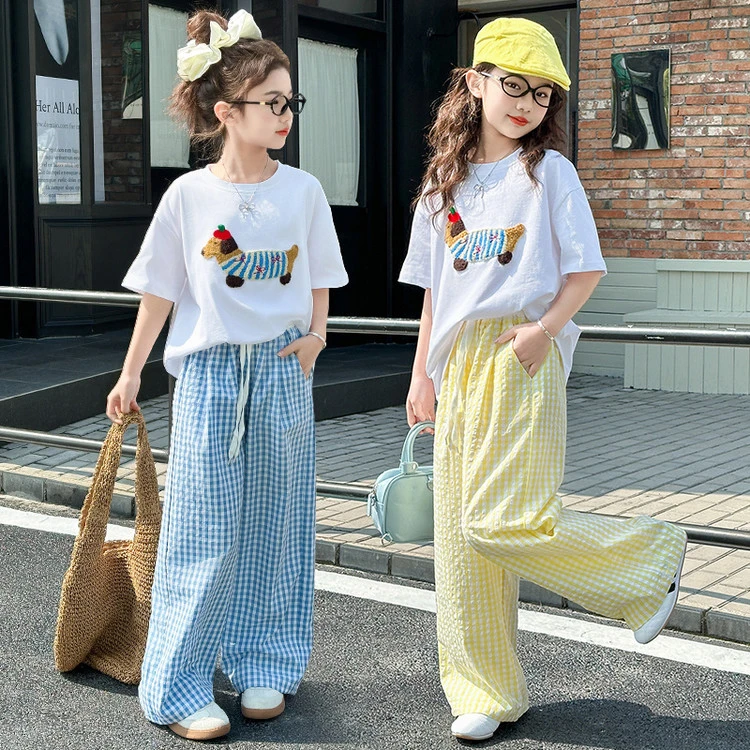 女童夏季韩版腊肠狗短袖T恤格子裤套装中大童女孩时髦儿童夏装潮
