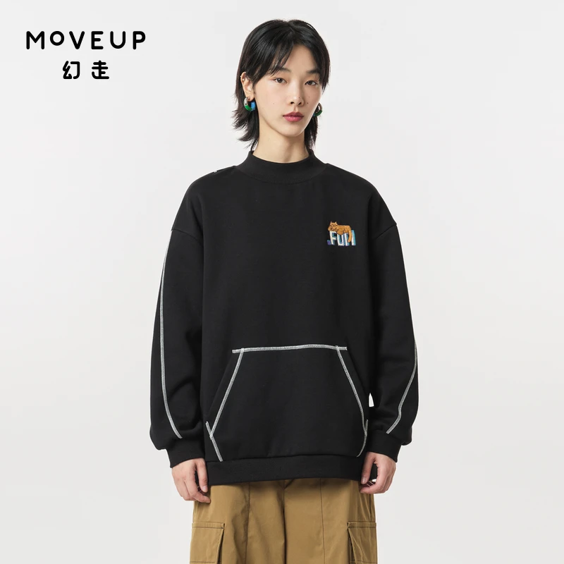 MOVEUP幻走新款.FUN系列 加绒撞色线绣花卫衣女323410538