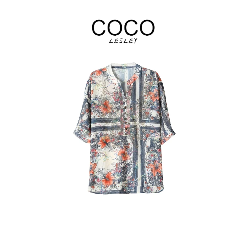 【COCO LESLEY】奢品绣花短袖闪钻透气印花高品质衬衣女装夏天薄款