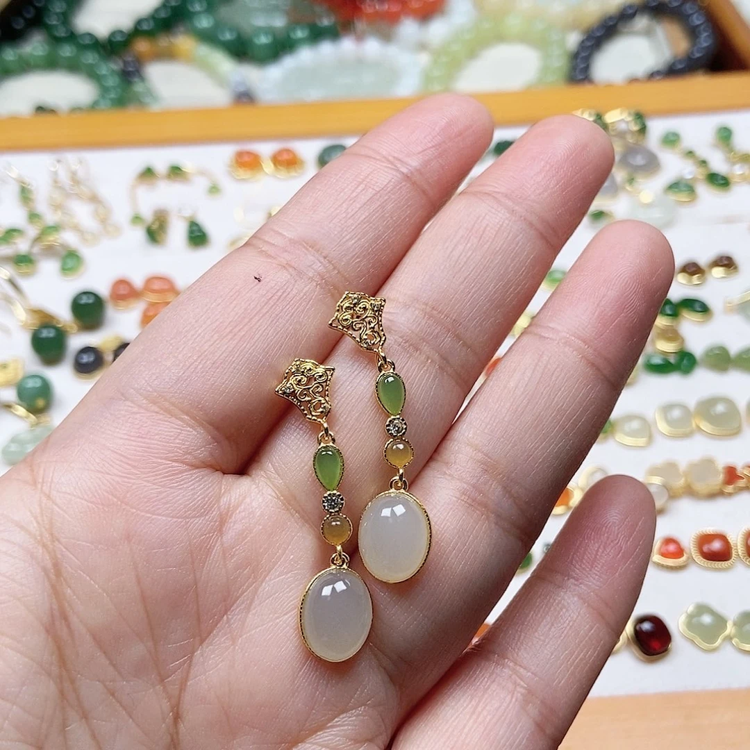 和田玉耳饰银S925镶嵌