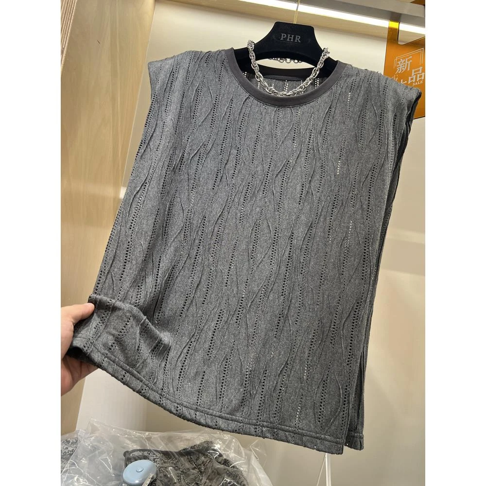 超大码300斤夏季新款圆领镂空钩花垫肩时尚百搭无袖T恤男士款上衣