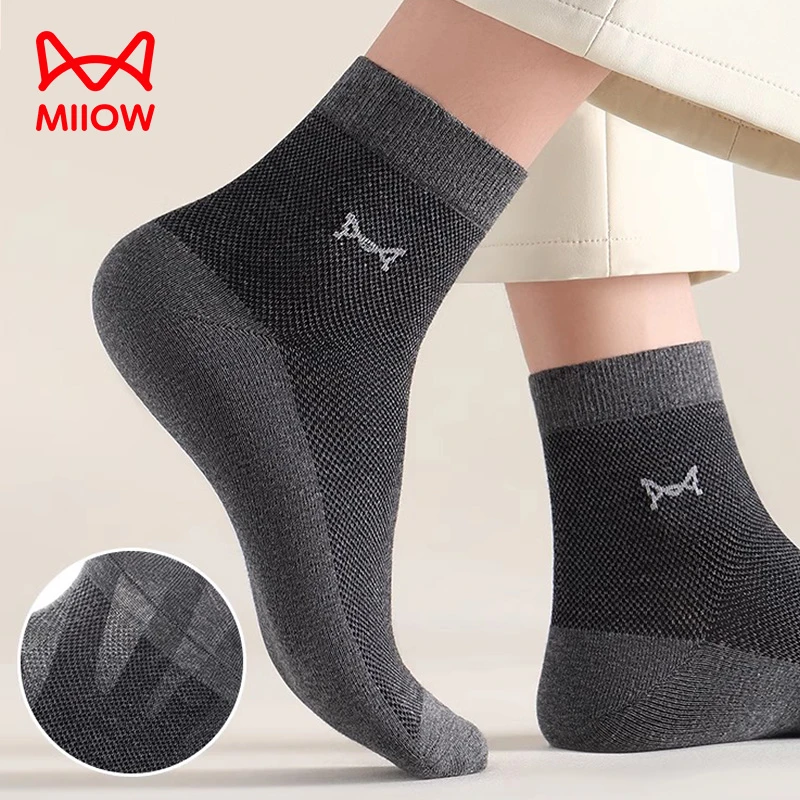 MiiOW/猫人男款袜子纯棉中筒袜夏季薄款网眼透气全棉吸汗黑色长袜