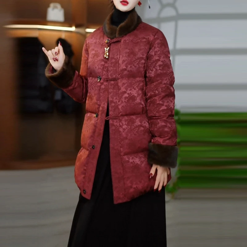 提花缎国风羽绒服女2025冬季新款中式红色气质显瘦中长款加厚外套