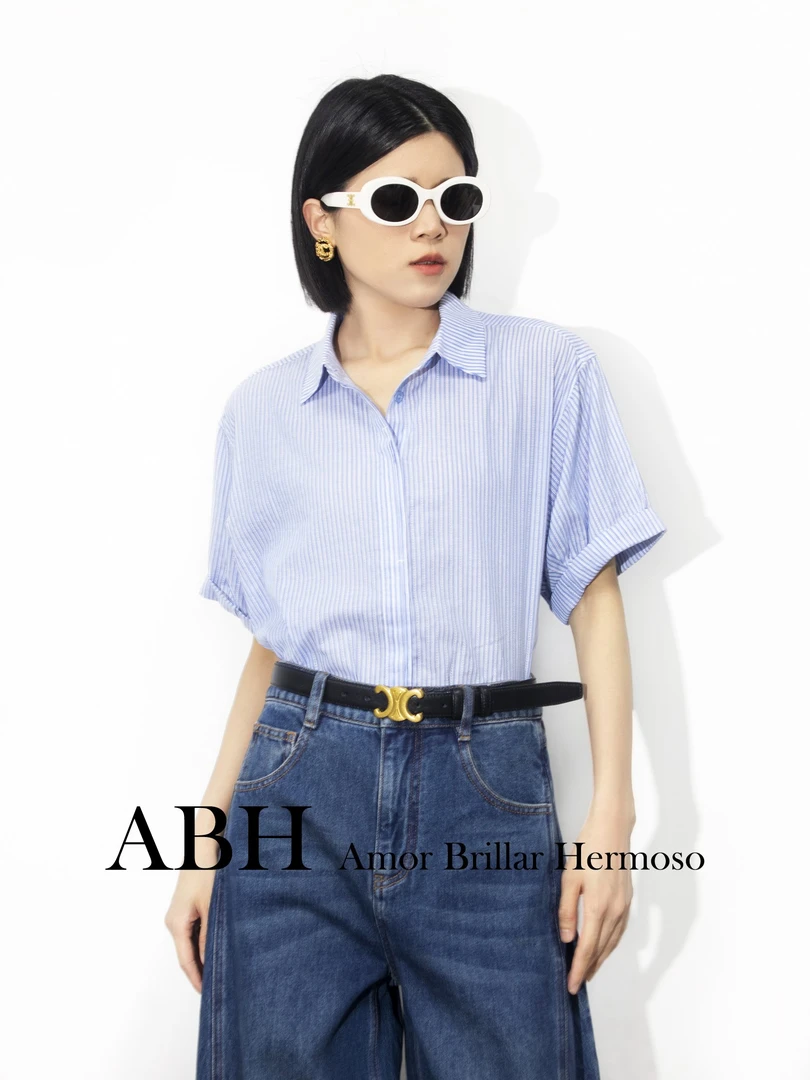 ABH 法式蓝白色条纹纯棉衬衫女通勤上衣卷边短袖提花 姚