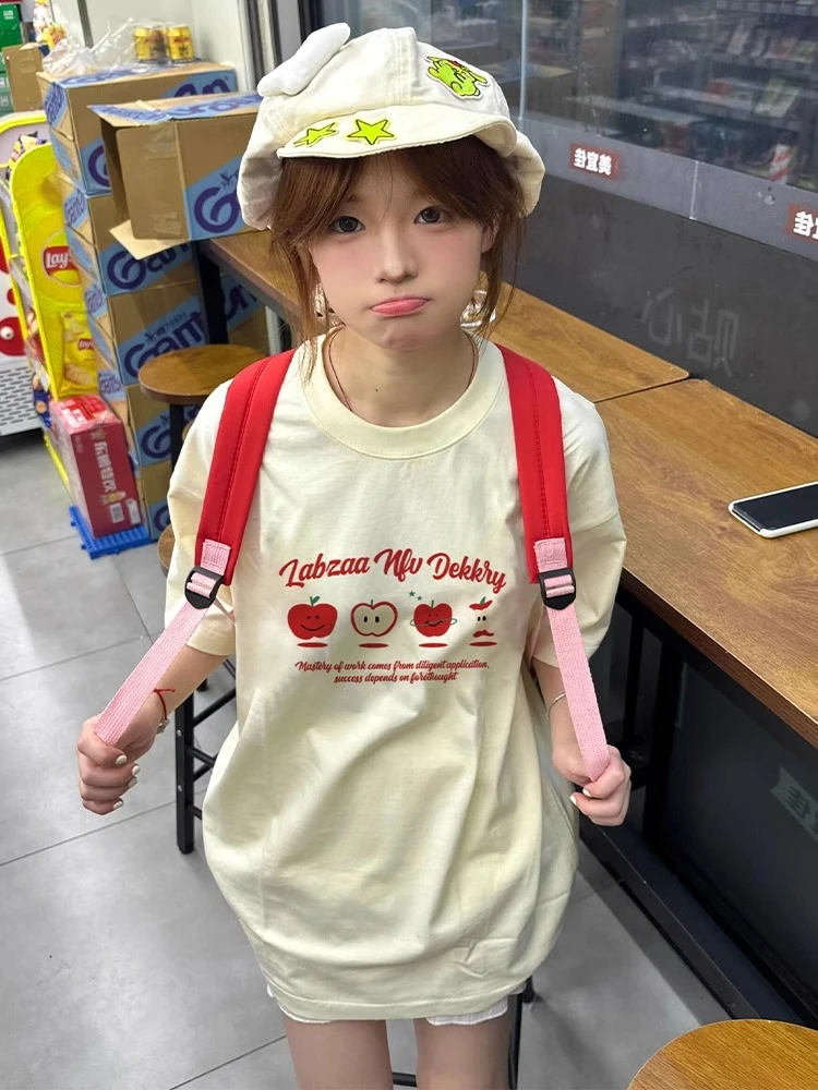 甜酷chic少女感纯棉短袖t恤女大码80-300斤苹果字母ins套头上衣潮