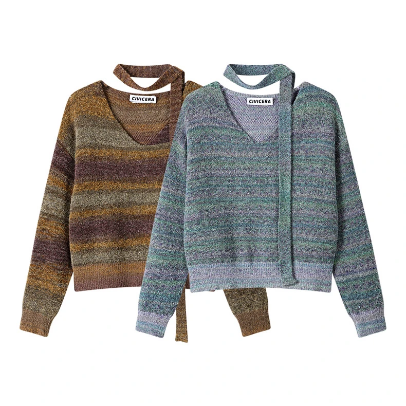 冬款时尚渐变色条纹V领上衣10188