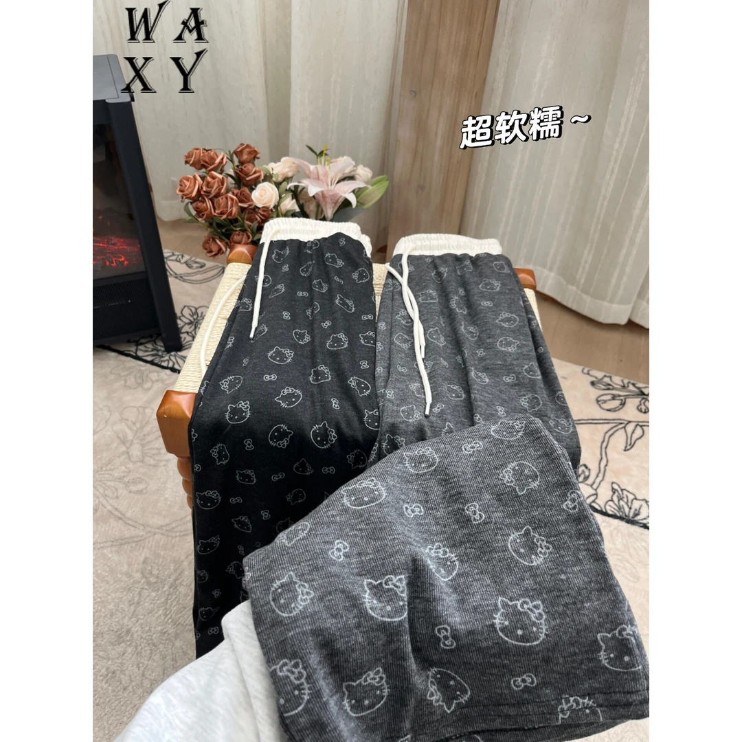 大码胖m200斤新款春夏季薄款可爱印花糯米裤女垂感高腰直筒阔腿裤