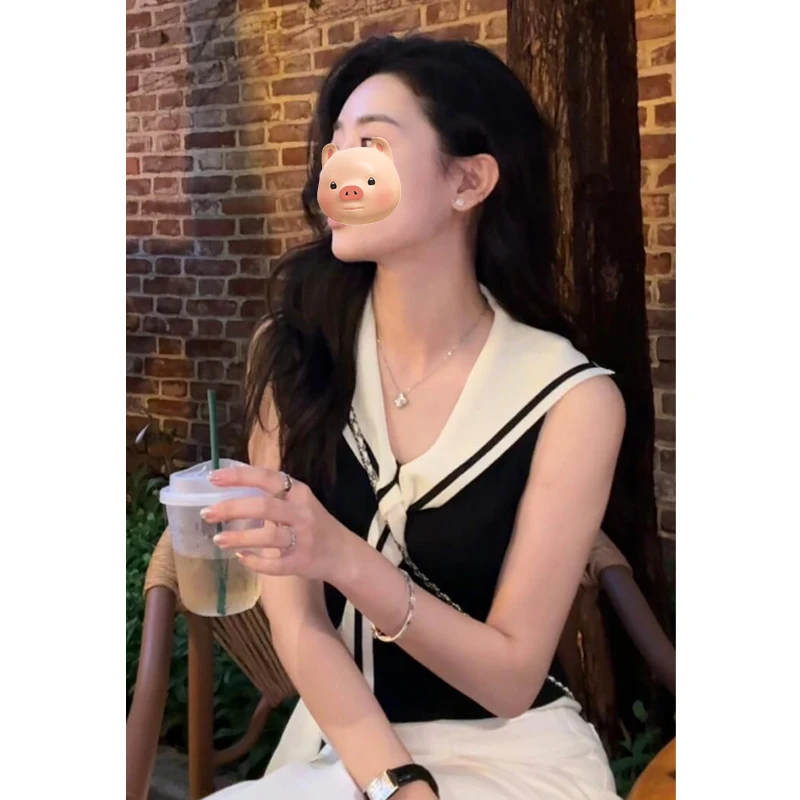 法式海军领撞色v领冰丝针织短袖t恤女夏撞色无袖背心修身披肩上衣