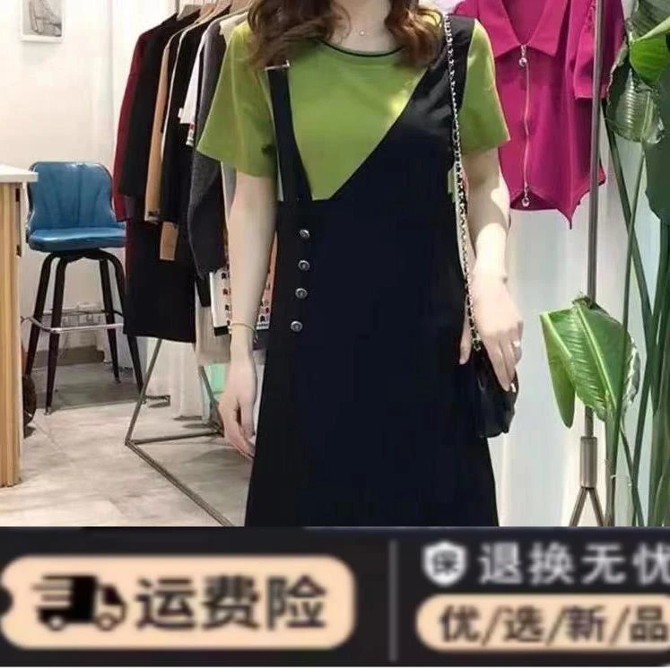 2024夏季新款韩版时尚洋气拼接休闲宽松遮肚大码显瘦连衣裙女