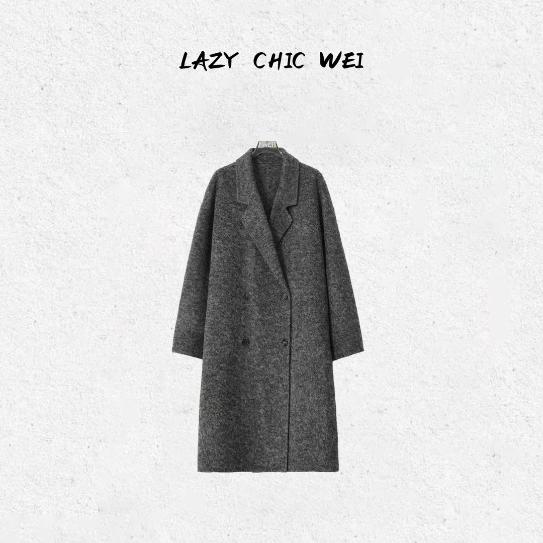 WEI 羊驼绵羊毛混纺极简花灰双面呢大衣2505SSW5771