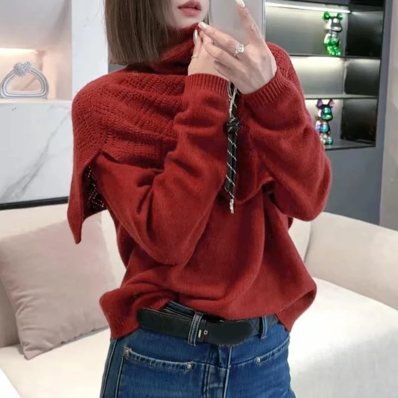 2025冬季新款围巾两件套斗篷针织衫女圆领套头氛围感过年红色毛衣