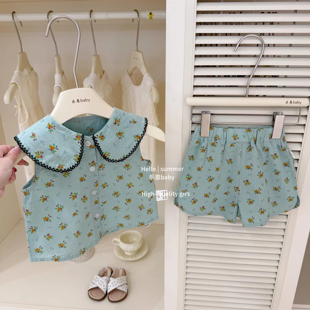 高级设计感女童夏季绿色娃娃领背心短裤碎花套装