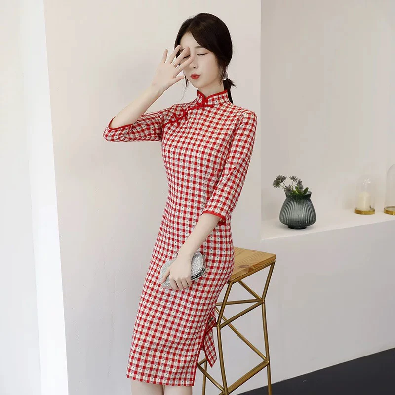 【2455 红色格 中袖 中长款】显瘦气质修身优雅复古中国风旗袍