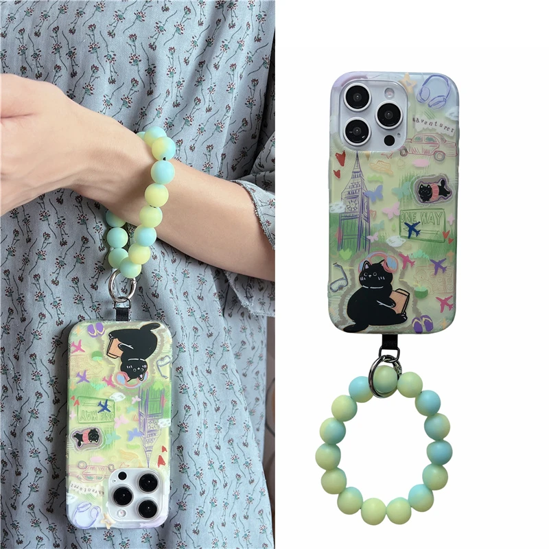 夜光手拎圆环涂鸦世界黑猫适用苹果16pro手机壳iphone15/14女款13