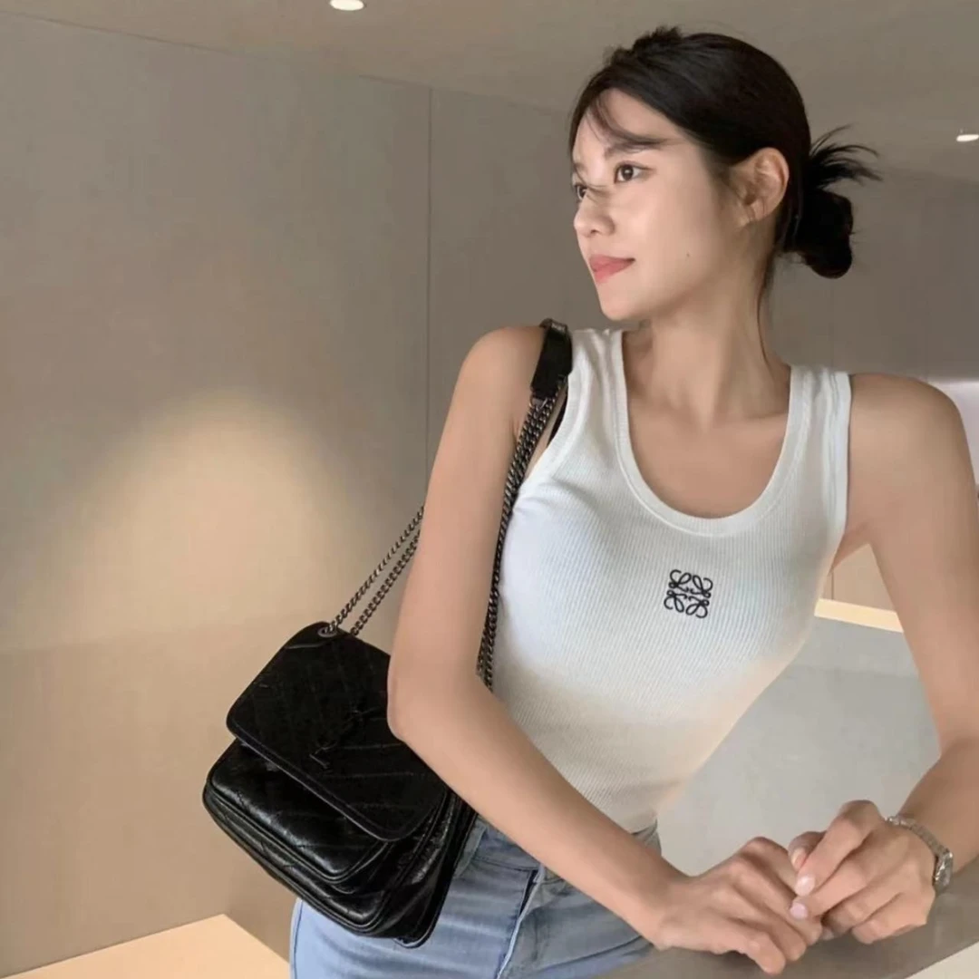 全新未使用 LOEWE/罗意威 纯色Logo刺绣无袖宽带背心/S/M/L