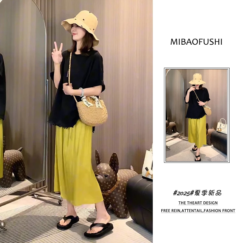 夏季穿搭一整套女装2025年新款韩系黑色刺绣上衣高腰半身裙两件套