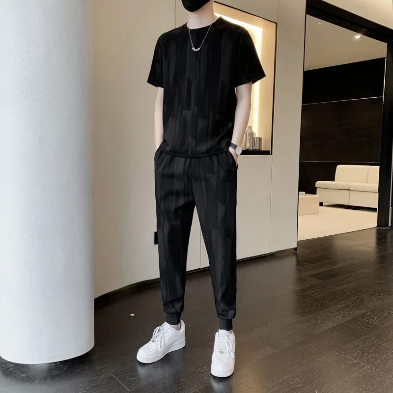 夏季韩版冰丝短袖套装男士搭配跑步潮牌休闲百搭运动长裤一套男装