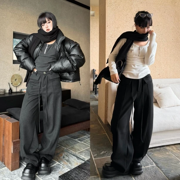 Blackgirl新款【冬日序曲】秋冬加绒加厚高腰显瘦直筒阔腿休闲裤子