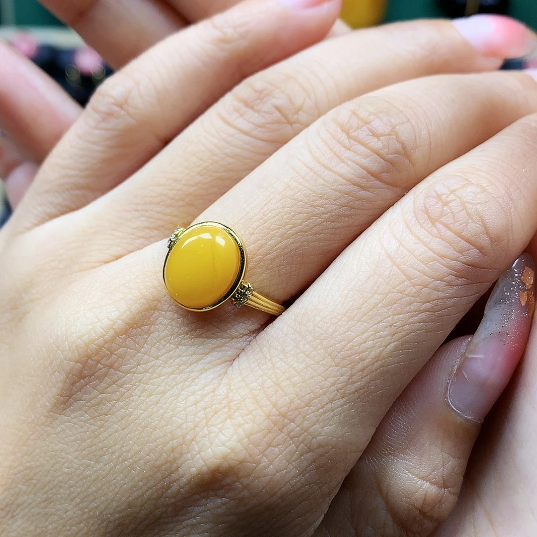 蜜蜡戒指银S925镶嵌戒指