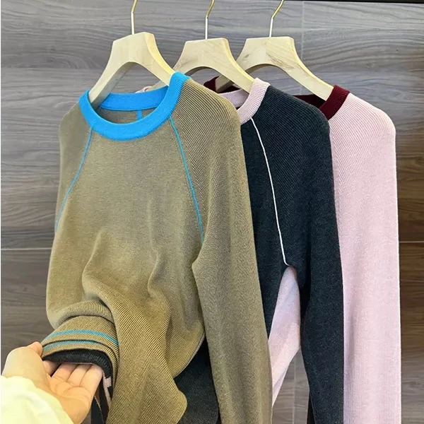 【巴恩风打底】明线抗起球圆领短款休闲常规百搭套头.Y7846