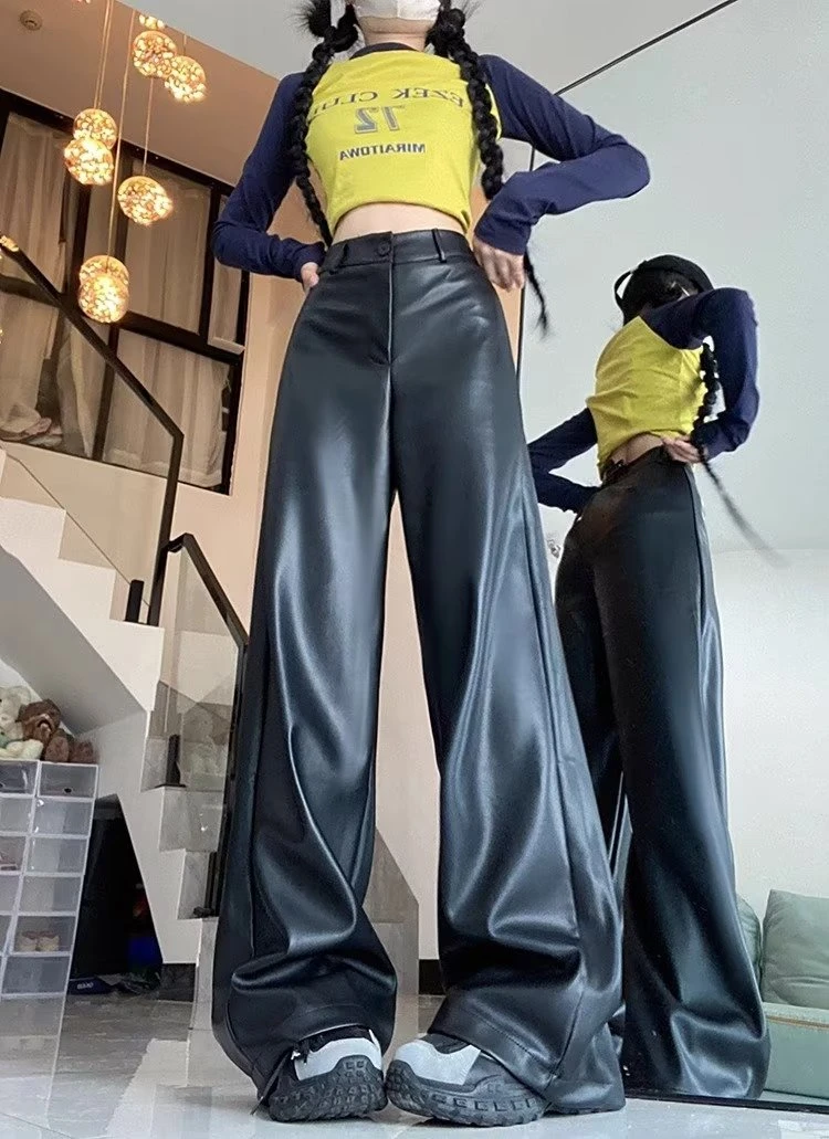 美式黑色休闲PU皮裤女大码春秋新款高腰显瘦直筒阔腿裤拖地长裤