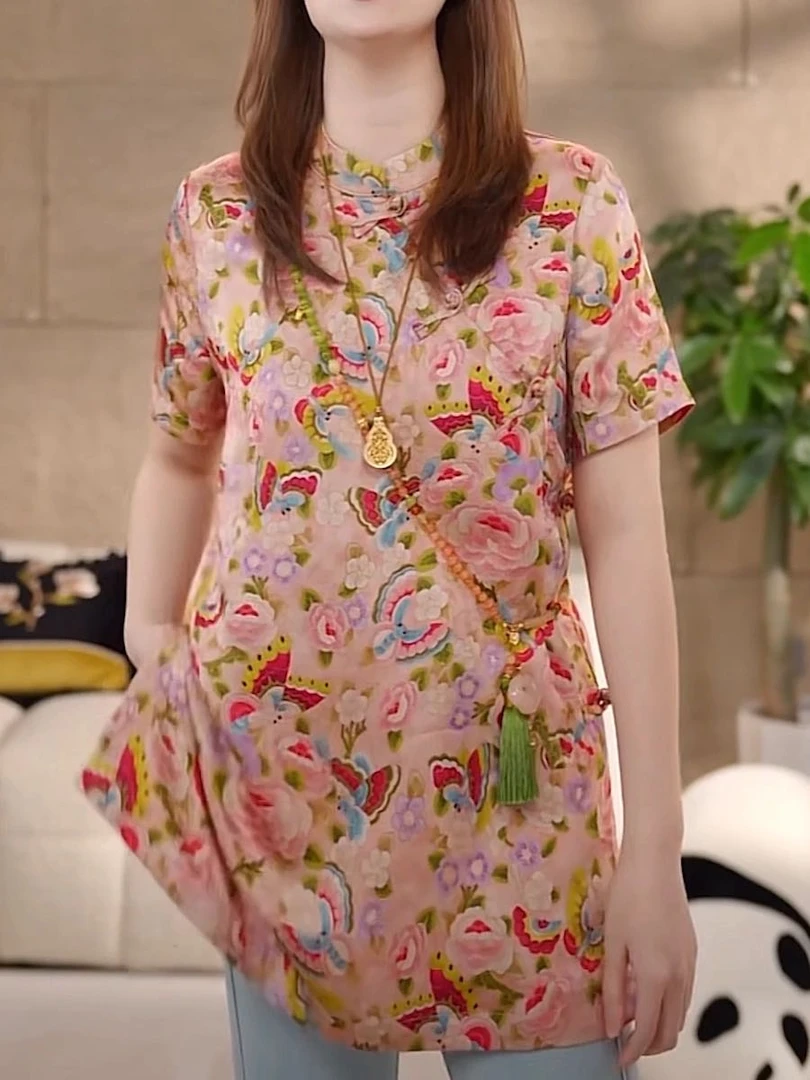 3926新国潮长款开衩（百花齐放）时尚夏季上衣