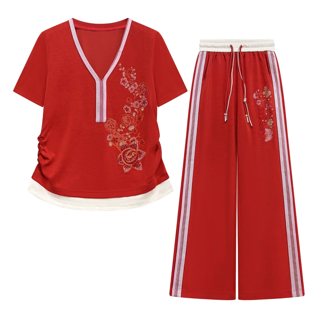 2025夏款轻奢烫钻时尚休闲短袖套装#2776/2777