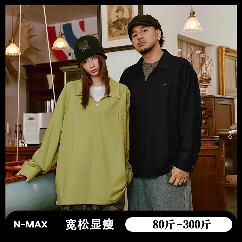 NMAX大码潮牌男装25年秋新品轻薄透气仿麻衬衫刺绣V领上衣FNC030