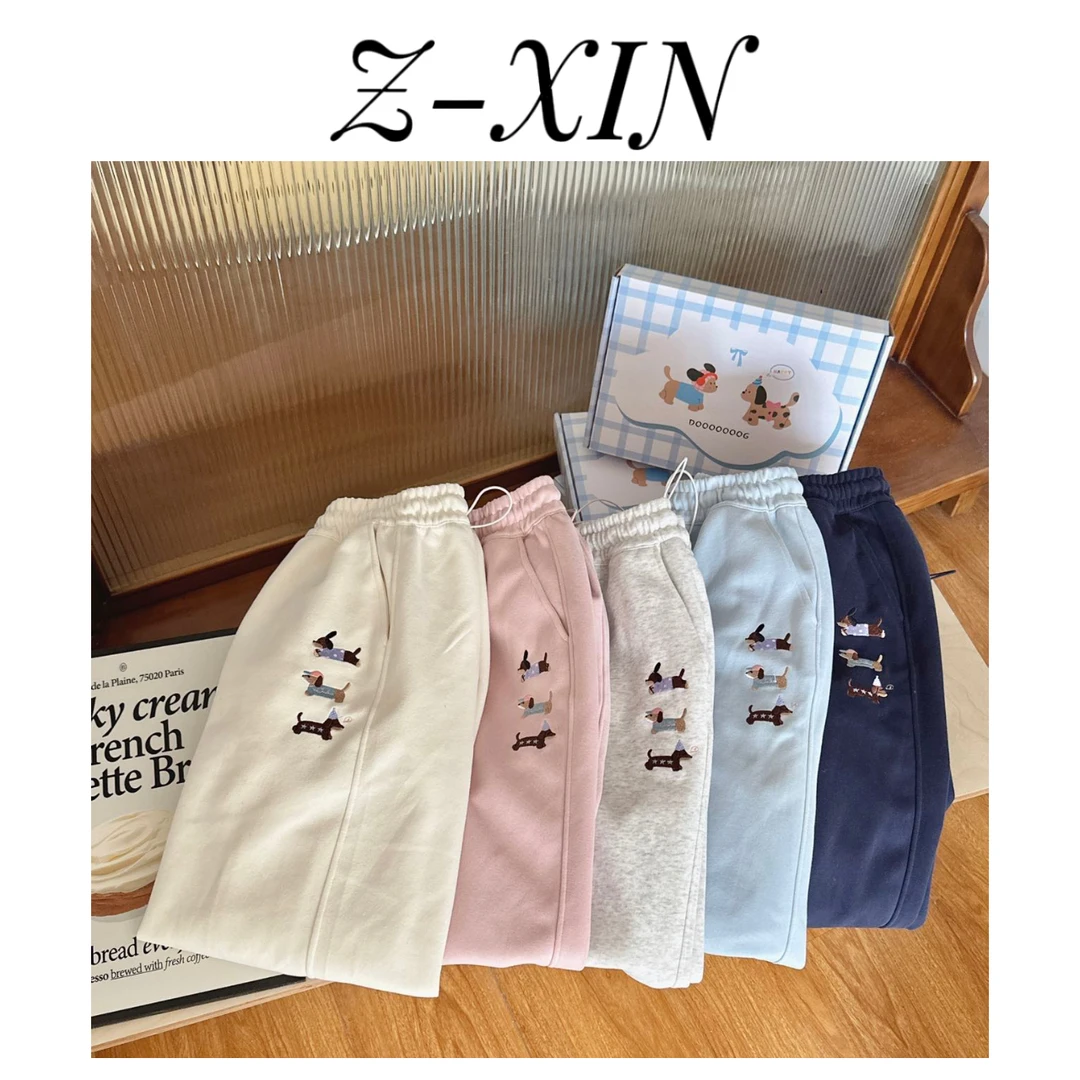 Z-XIN韩国东大门刺绣三只小狗两穿裤显瘦垂感弯刀直筒卫裤